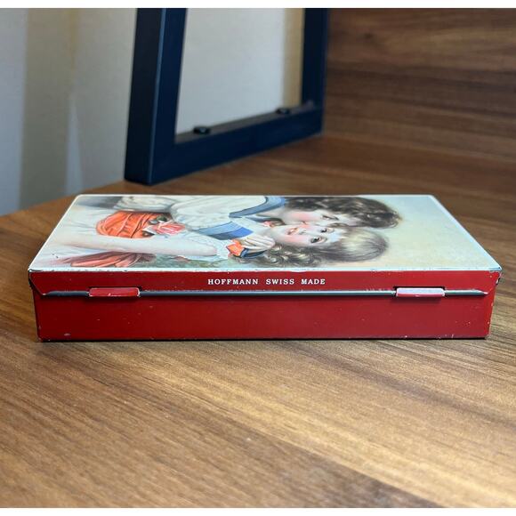 Vintage Hoffmann Swiss Made Candy Tin – Children Illustration, Red Metal Box - Picture 5 of 8